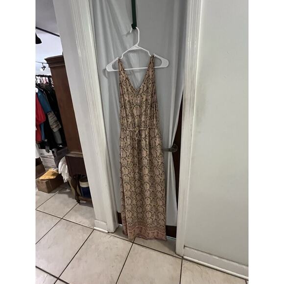 Lucky Brand Tan Pink Floral Maxi Dress Size M Pockets Lined Elastic Waist Boho - Picture 1 of 8